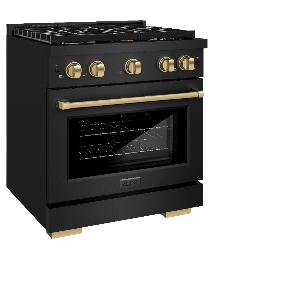 ZLINE Autograph Edition 30 in. 4.2 cu. ft. Paramount Dual Fuel Range with 4 Burner Gas Cooktop and Electric Convection Oven in Black Stainless Steel with Champagne Bronze Accents (SDRBZ-30-CB) side, oven closed.