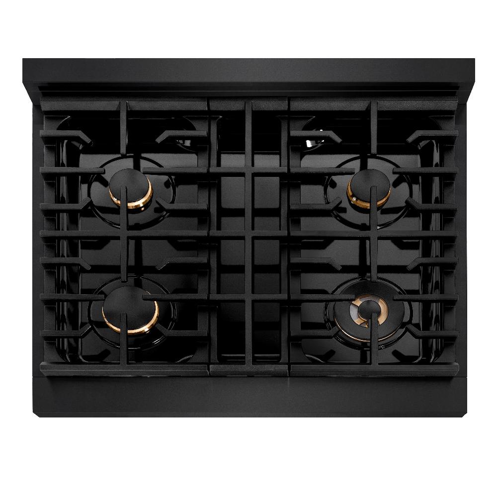 ZLINE Autograph Edition 30 in. 4.2 cu. ft. Paramount Dual Fuel Range with 4 Burner Gas Cooktop and Electric Convection Oven in Black Stainless Steel with Champagne Bronze Accents (SDRBZ-30-CB) top-down, above cooktop.