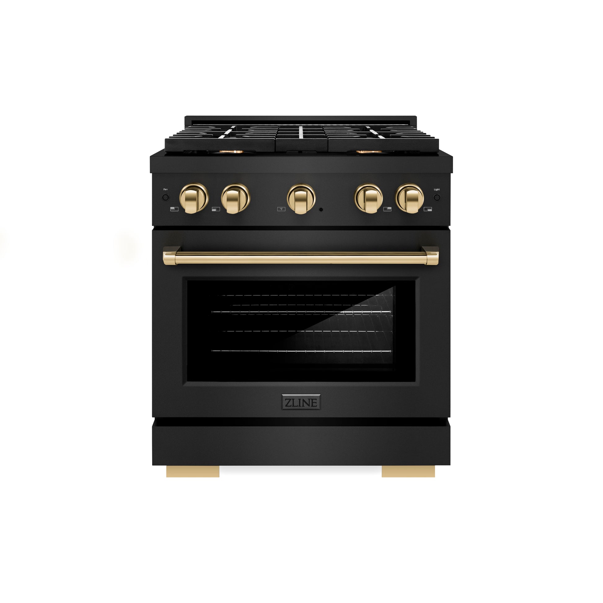 ZLINE Autograph Edition 30 in. 4.2 cu. ft. Paramount Dual Fuel Range with 4 Burner Gas Cooktop and Electric Convection Oven in Black Stainless Steel with Polished Gold Accents (SDRBZ-30-G) front, oven closed.