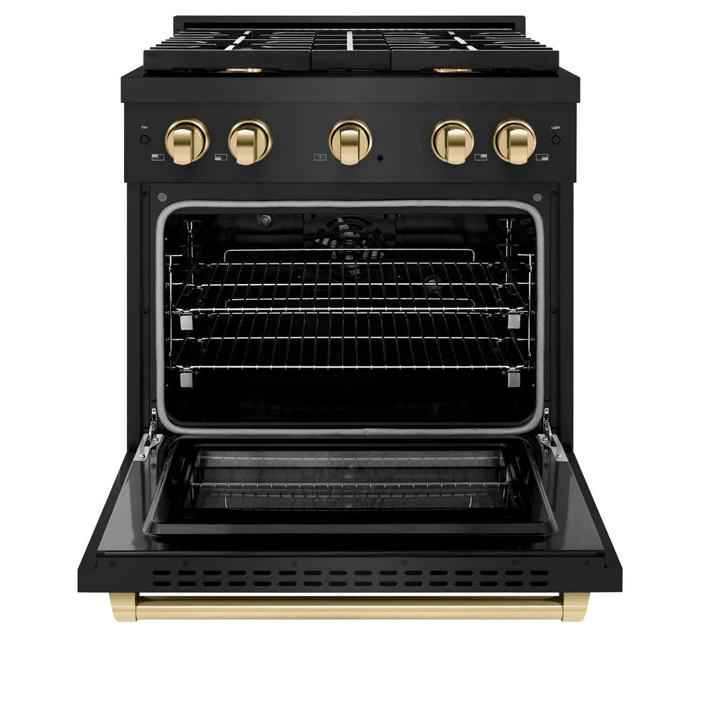 ZLINE Autograph Edition 30 in. 4.2 cu. ft. Paramount Dual Fuel Range with 4 Burner Gas Cooktop and Electric Convection Oven in Black Stainless Steel with Polished Gold Accents (SDRBZ-30-G) front, open.