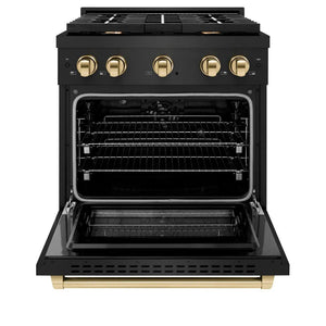 ZLINE Autograph Edition 30 in. 4.2 cu. ft. Paramount Dual Fuel Range with 4 Burner Gas Cooktop and Electric Convection Oven in Black Stainless Steel with Polished Gold Accents (SDRBZ-30-G) front, open.