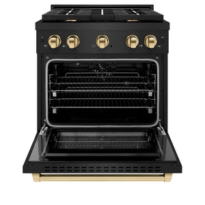 ZLINE Autograph Edition 30 in. 4.2 cu. ft. Paramount Dual Fuel Range with 4 Burner Gas Cooktop and Electric Convection Oven in Black Stainless Steel with Polished Gold Accents (SDRBZ-30-G) front, oven open.