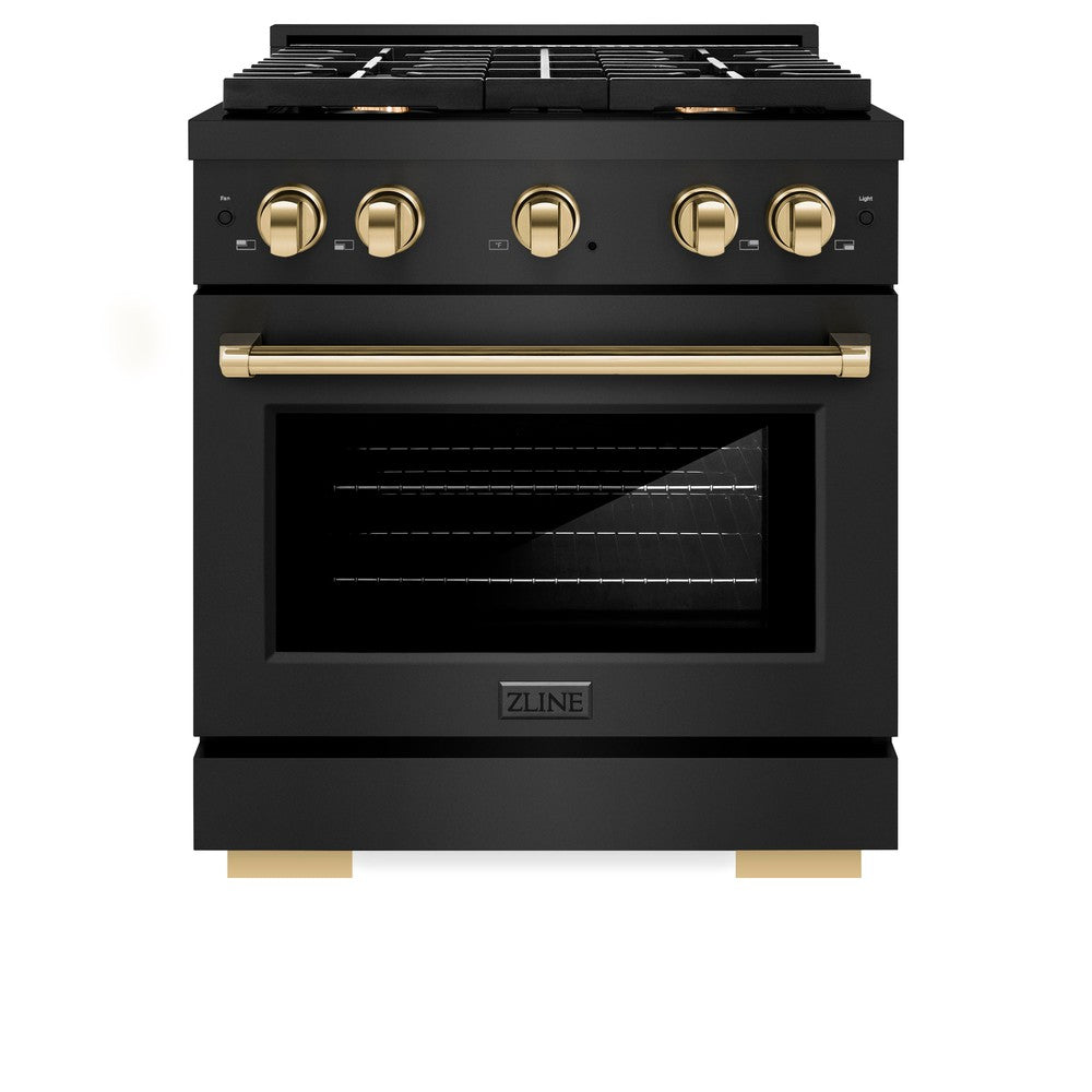 ZLINE Autograph Edition 30 in. 4.2 cu. ft. Paramount Dual Fuel Range with 4 Burner Gas Cooktop and Electric Convection Oven in Black Stainless Steel with Polished Gold Accents (SDRBZ-30-G) front, oven closed.