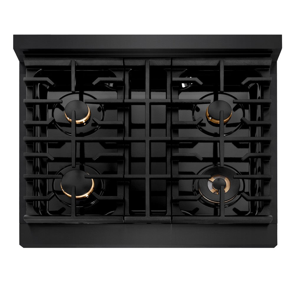 ZLINE Autograph Edition 30 in. 4.2 cu. ft. Paramount Dual Fuel Range with 4 Burner Gas Cooktop and Electric Convection Oven in Black Stainless Steel with Polished Gold Accents (SDRBZ-30-G) top-down, above cooktop.