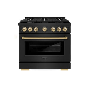 ZLINE Autograph Edition 36 in. 5.2 cu. ft. Paramount Dual Fuel Range with 6 Burner Gas Cooktop and Electric Convection Oven in Black Stainless Steel with Champagne Bronze Accents (SDRBZ-36-CB) front, oven closed.