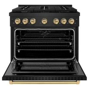 ZLINE Autograph Edition 36 in. 5.2 cu. ft. Paramount Dual Fuel Range with 6 Burner Gas Cooktop and Electric Convection Oven in Black Stainless Steel with Champagne Bronze Accents (SDRBZ-36-CB) front, open.