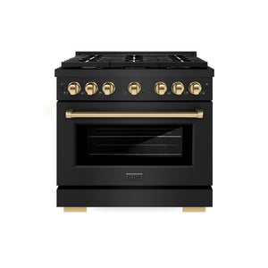 ZLINE Autograph Edition 36 in. 5.2 cu. ft. Paramount Dual Fuel Range with 6 Burner Gas Cooktop and Electric Convection Oven in Black Stainless Steel with Polished Gold Accents (SDRBZ-36-G) front, oven closed.