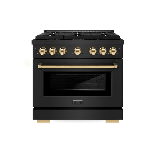 ZLINE Autograph Edition 36 in. 5.2 cu. ft. Paramount Dual Fuel Range with 6 Burner Gas Cooktop and Electric Convection Oven in Black Stainless Steel with Polished Gold Accents (SDRBZ-36-G) front.