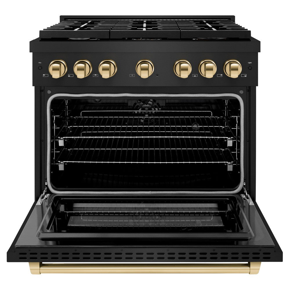 ZLINE Autograph Edition 36 in. 5.2 cu. ft. Paramount Dual Fuel Range with 6 Burner Gas Cooktop and Electric Convection Oven in Black Stainless Steel with Polished Gold Accents (SDRBZ-36-G) front, oven open.