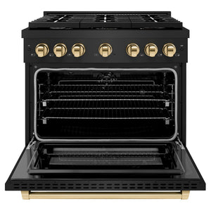 ZLINE Autograph Edition 36 in. 5.2 cu. ft. Paramount Dual Fuel Range with 6 Burner Gas Cooktop and Electric Convection Oven in Black Stainless Steel with Polished Gold Accents (SDRBZ-36-G) front, open.