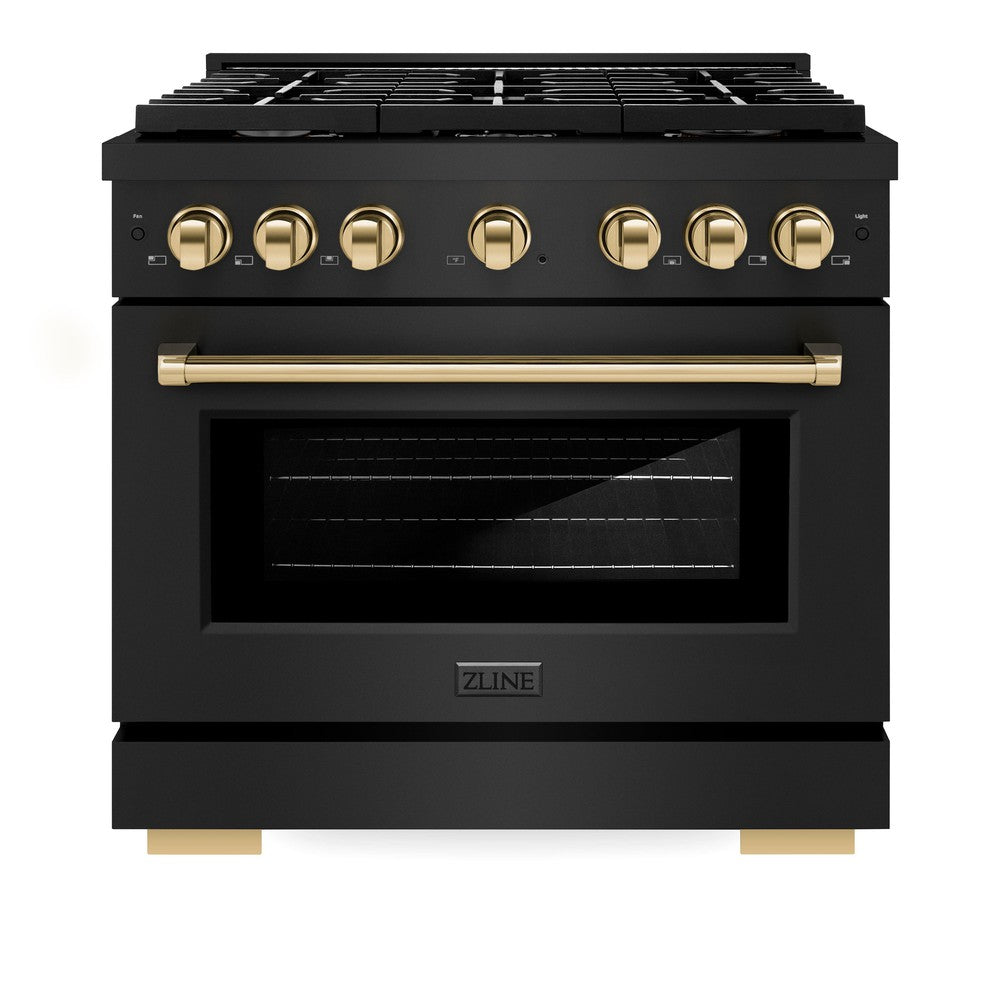 ZLINE Autograph Edition 36 in. 5.2 cu. ft. Paramount Dual Fuel Range with 6 Burner Gas Cooktop and Electric Convection Oven in Black Stainless Steel with Polished Gold Accents (SDRBZ-36-G) front, oven closed.