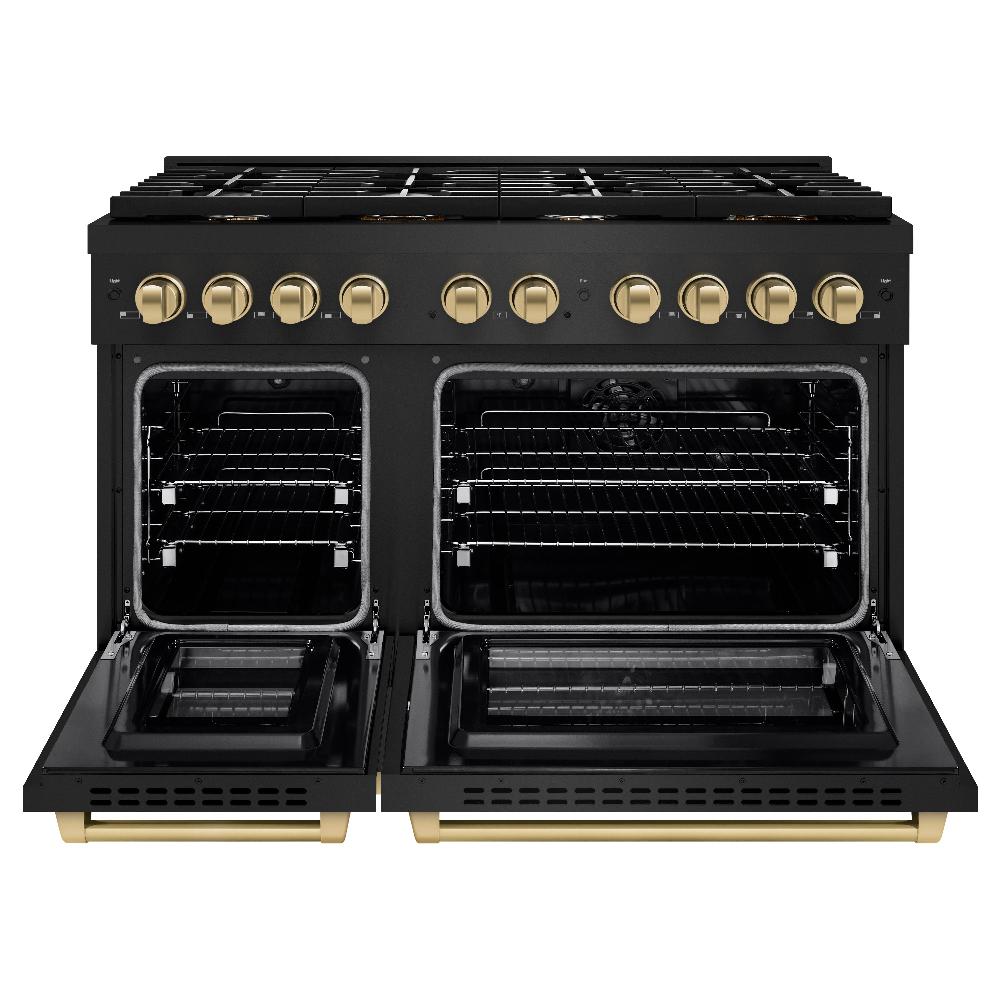 ZLINE Autograph Edition 48 in. 6.7 cu. ft. Paramount Double Oven Dual Fuel Range with 8 Burner Gas Cooktop in Black Stainless Steel and Champagne Bronze Accents (SDRBZ-48-CB) front, oven open.