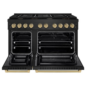 ZLINE Autograph Edition 48 in. 6.7 cu. ft. Paramount Double Oven Dual Fuel Range with 8 Burner Gas Cooktop in Black Stainless Steel and Champagne Bronze Accents (SDRBZ-48-CB) front, open.