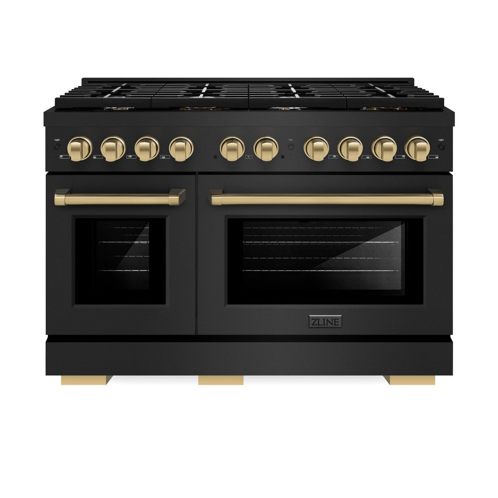 ZLINE Autograph Edition 48 in. 6.7 cu. ft. Paramount Double Oven Dual Fuel Range with 8 Burner Gas Cooktop in Black Stainless Steel and Champagne Bronze Accents (SDRBZ-48-CB) front, oven closed.