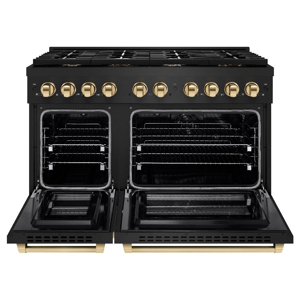 ZLINE Autograph Edition 48 in. 6.7 cu. ft. Paramount Double Oven Dual Fuel Range with 8 Burner Gas Cooktop in Black Stainless Steel and Polished Gold Accents (SDRBZ-48-G) front, oven open.