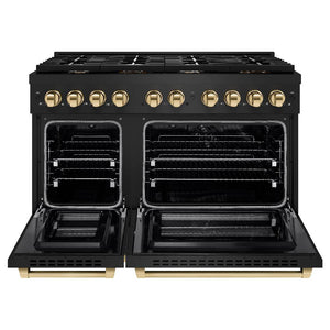 ZLINE Autograph Edition 48 in. 6.7 cu. ft. Paramount Double Oven Dual Fuel Range with 8 Burner Gas Cooktop in Black Stainless Steel and Polished Gold Accents (SDRBZ-48-G) front, open.