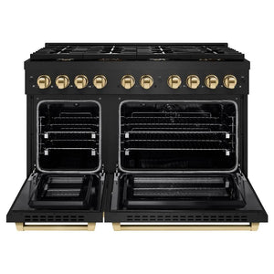 ZLINE Autograph Edition 48 in. 6.7 cu. ft. Paramount Double Oven Dual Fuel Range with 8 Burner Gas Cooktop in Black Stainless Steel and Polished Gold Accents (SDRBZ-48-G) front, open.
