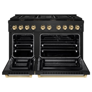 ZLINE Autograph Edition 48 in. 6.7 cu. ft. Paramount Double Oven Dual Fuel Range with 8 Burner Gas Cooktop in Black Stainless Steel and Polished Gold Accents (SDRBZ-48-G) front, oven open.