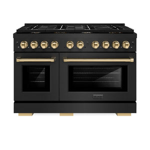 ZLINE Autograph Edition 48 in. 6.7 cu. ft. Paramount Double Oven Dual Fuel Range with 8 Burner Gas Cooktop in Black Stainless Steel and Polished Gold Accents (SDRBZ-48-G) front, oven closed.