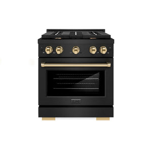 ZLINE Autograph Edition 30 in. 4.2 cu. ft. Paramount Gas Range with 4 Burner Cooktop and Convection Gas Oven in Black Stainless Steel and Polished Gold Accents (SGRBZ-30-G) front, oven closed.