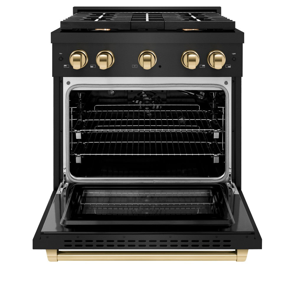 ZLINE Autograph Edition 30 in. 4.2 cu. ft. 4 Burner Gas Range with Convection Gas Oven in Black Stainless Steel and Polished Gold Accents (SGRBZ-30-G) front, with oven open.