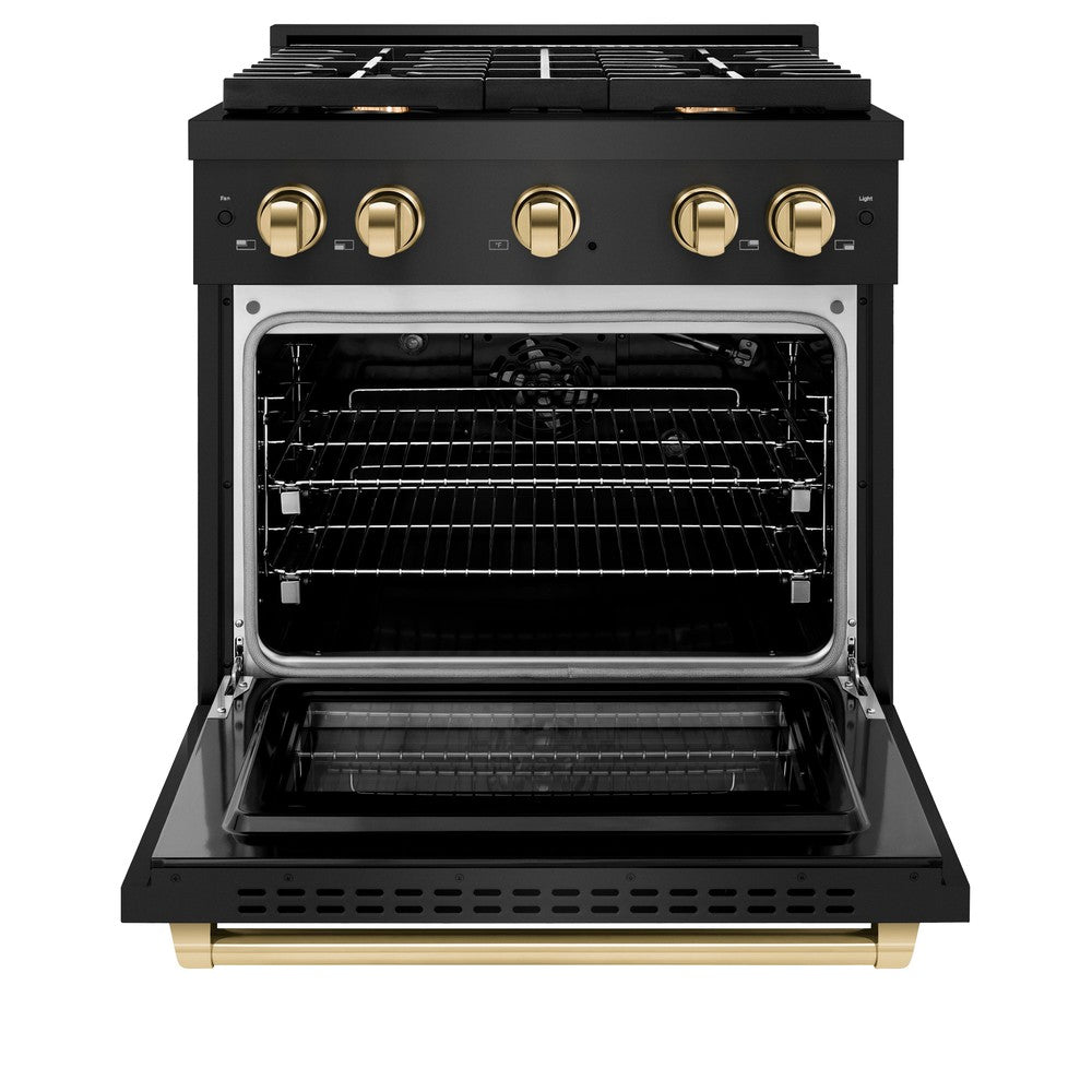 ZLINE Autograph Edition 30 in. 4.2 cu. ft. 4 Burner Gas Range with Convection Gas Oven in Black Stainless Steel and Polished Gold Accents (SGRBZ-30-G) front, oven open.