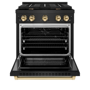 ZLINE Autograph Edition 30 in. 4.2 cu. ft. Paramount Gas Range with 4 Burner Cooktop and Convection Gas Oven in Black Stainless Steel and Polished Gold Accents (SGRBZ-30-G) front, open.