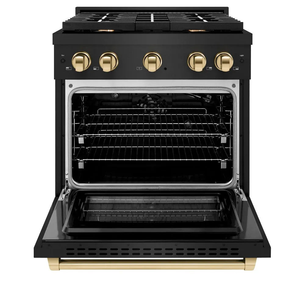 ZLINE Autograph Edition 30 in. 4.2 cu. ft. Paramount Gas Range with 4 Burner Cooktop and Convection Gas Oven in Black Stainless Steel and Polished Gold Accents (SGRBZ-30-G) front, open.
