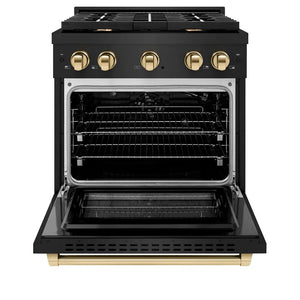 ZLINE Autograph Edition 30 in. 4.2 cu. ft. Paramount Gas Range with 4 Burner Cooktop and Convection Gas Oven in Black Stainless Steel and Polished Gold Accents (SGRBZ-30-G) front, open.