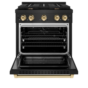 ZLINE Autograph Edition 30 in. 4.2 cu. ft. 4 Burner Gas Range with Convection Gas Oven in Black Stainless Steel and Polished Gold Accents (SGRBZ-30-G) front, with oven open.
