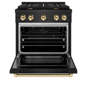 ZLINE Autograph Edition 30 in. 4.2 cu. ft. 4 Burner Gas Range with Convection Gas Oven in Black Stainless Steel and Polished Gold Accents (SGRBZ-30-G) front, oven open.