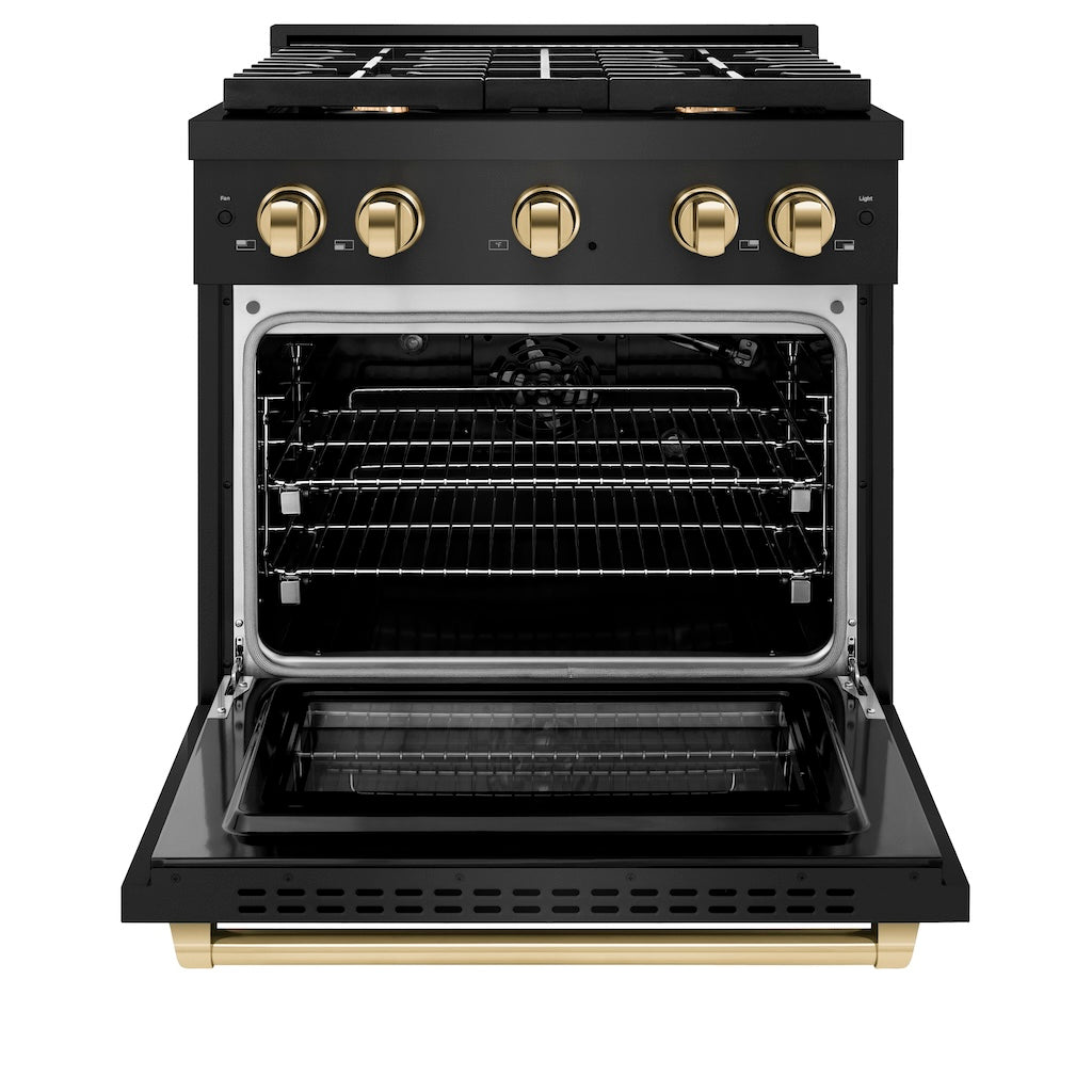 ZLINE Autograph Edition 30 in. 4.2 cu. ft. 4 Burner Gas Range with Convection Gas Oven in Black Stainless Steel and Champagne Bronze Accents (SGRBZ-30-CB) front, with oven open.