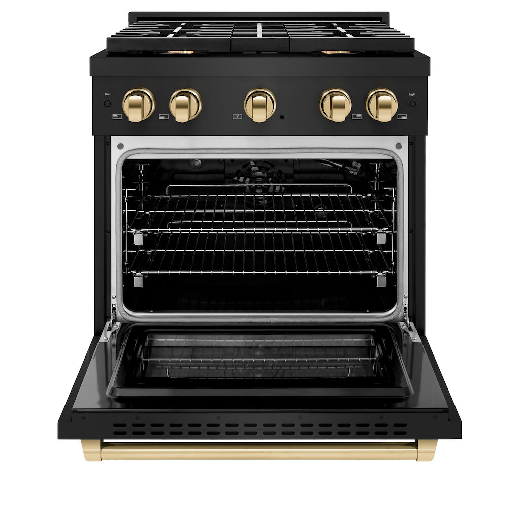 ZLINE Autograph Edition 30 in. 4.2 cu. ft. 4 Burner Gas Range with Convection Gas Oven in Black Stainless Steel and Champagne Bronze Accents (SGRBZ-30-CB) front, oven open.