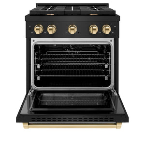 ZLINE Autograph Edition 30 in. 4.2 cu. ft. 4 Burner Gas Range with Convection Gas Oven in Black Stainless Steel and Champagne Bronze Accents (SGRBZ-30-CB) front, with oven open.