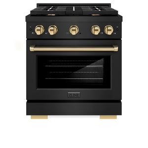 ZLINE Autograph Edition 30 in. 4.2 cu. ft. 4 Burner Gas Range with Convection Gas Oven in Black Stainless Steel and Polished Gold Accents (SGRBZ-30-G) front.