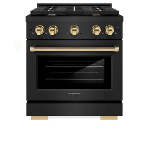 ZLINE Autograph Edition 30 in. 4.2 cu. ft. 4 Burner Gas Range with Convection Gas Oven in Black Stainless Steel and Polished Gold Accents (SGRBZ-30-G) front, oven closed.