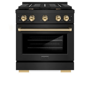 ZLINE Autograph Edition 30 in. 4.2 cu. ft. 4 Burner Gas Range with Convection Gas Oven in Black Stainless Steel and Champagne Bronze Accents (SGRBZ-30-CB) front, oven closed.