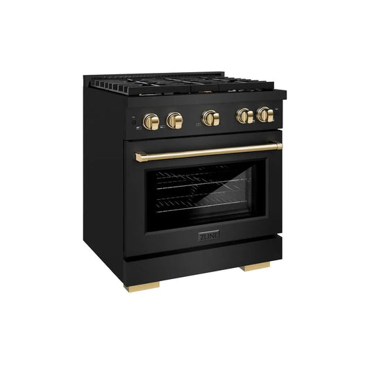 ZLINE Autograph Edition 30 in. 4.2 cu. ft. Paramount Gas Range with 4 Burner Cooktop and Convection Gas Oven in Black Stainless Steel and Polished Gold Accents (SGRBZ-30-G) main image.