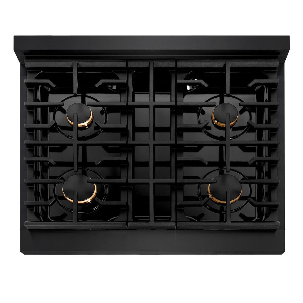 ZLINE Autograph Edition 30 in. 4.2 cu. ft. 4 Burner Gas Range with Convection Gas Oven in Black Stainless Steel and Polished Gold Accents (SGRBZ-30-G) from above, showing gas burners, black porcelain cooktop, and cast-iron grates.