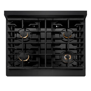 ZLINE Autograph Edition 30 in. 4.2 cu. ft. Paramount Gas Range with 4 Burner Cooktop and Convection Gas Oven in Black Stainless Steel and Polished Gold Accents (SGRBZ-30-G) top-down, above cooktop.