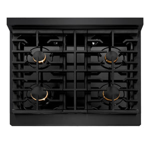 ZLINE Autograph Edition 30 in. 4.2 cu. ft. 4 Burner Gas Range with Convection Gas Oven in Black Stainless Steel and Champagne Bronze Accents (SGRBZ-30-CB) from above, showing gas burners, black porcelain cooktop, and cast-iron grates.