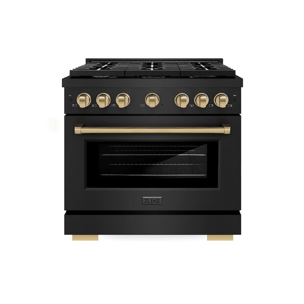 ZLINE Autograph Edition 36 in. 5.2 cu. ft. Paramount Gas Range with 6 Burner Cooktop and Convection Gas Oven in Black Stainless Steel and Champagne Bronze Accents (SGRBZ-36-CB) front.