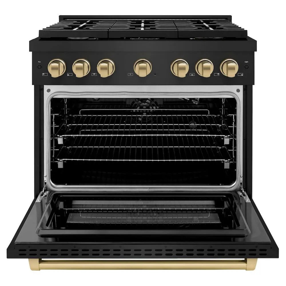 ZLINE Autograph Edition 36 in. 5.2 cu. ft. Paramount Gas Range with 6 Burner Cooktop and Convection Gas Oven in Black Stainless Steel and Champagne Bronze Accents (SGRBZ-36-CB) front, open.