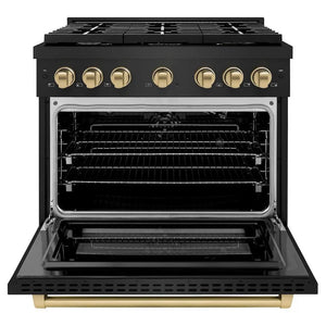 ZLINE Autograph Edition 36 in. 5.2 cu. ft. Paramount Gas Range with 6 Burner Cooktop and Convection Gas Oven in Black Stainless Steel and Champagne Bronze Accents (SGRBZ-36-CB) front, open.