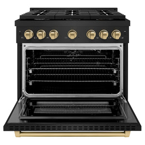 ZLINE Autograph Edition 36 in. 5.2 cu. ft. 6 Burner Gas Range with Convection Gas Oven in Black Stainless Steel and Champagne Bronze Accents (SGRBZ-36-CB) front, with oven open.