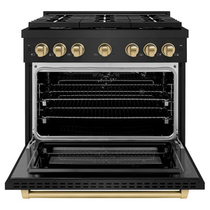 ZLINE Autograph Edition 36 in. 5.2 cu. ft. 6 Burner Gas Range with Convection Gas Oven in Black Stainless Steel and Champagne Bronze Accents (SGRBZ-36-CB) front, oven open.