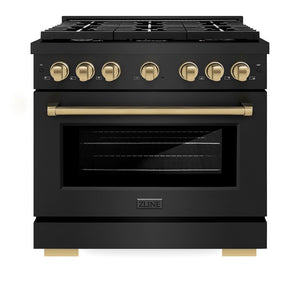 ZLINE Autograph Edition 36 in. 5.2 cu. ft. 6 Burner Gas Range with Convection Gas Oven in Black Stainless Steel and Champagne Bronze Accents (SGRBZ-36-CB) front, oven closed.