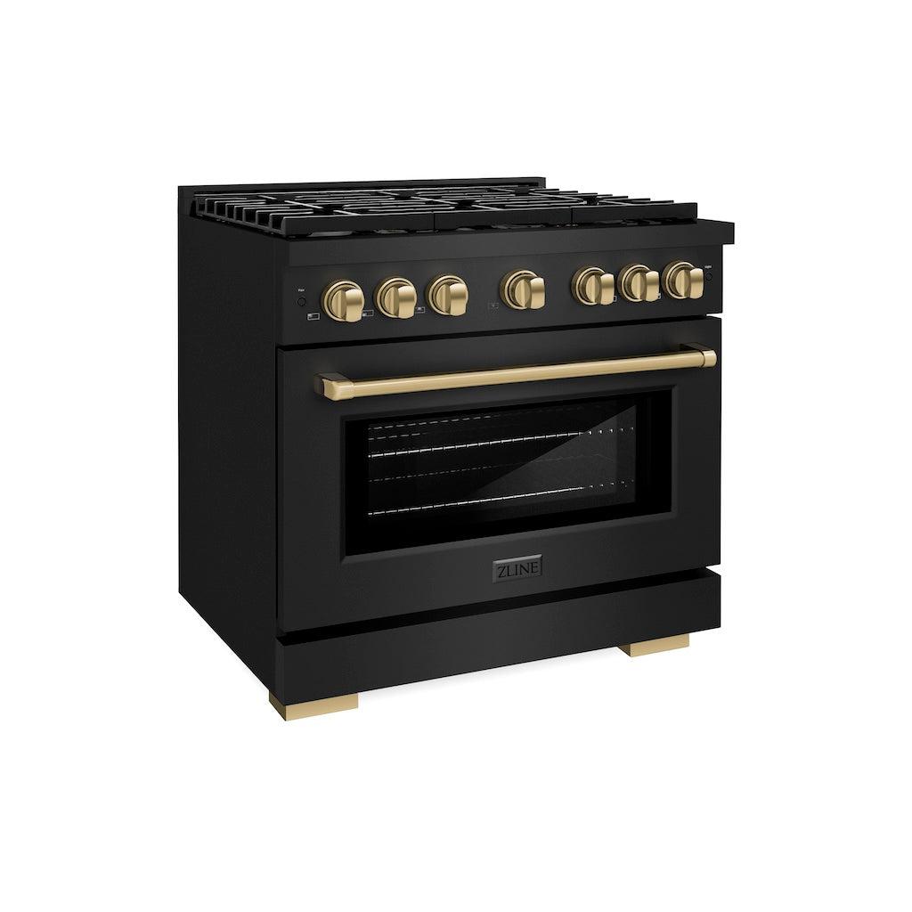 ZLINE Autograph Edition 36 in. 5.2 cu. ft. 6 Burner Gas Range with Convection Gas Oven in Black Stainless Steel and Champagne Bronze Accents (SGRBZ-36-CB) side, oven closed.