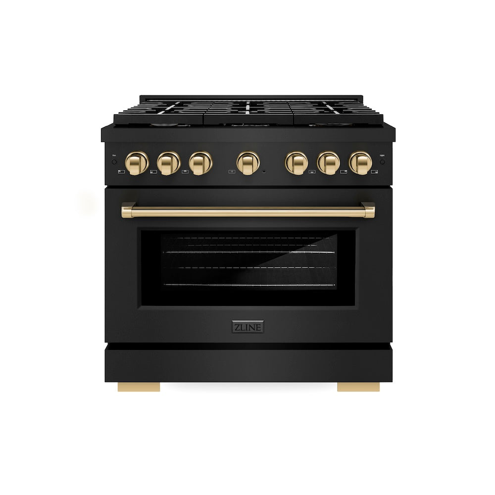 ZLINE Autograph Edition 36 in. 5.2 cu. ft. Paramount Gas Range with 6 Burner Cooktop and Convection Gas Oven in Black Stainless Steel and Polished Gold Accents (SGRBZ-36-G) front.