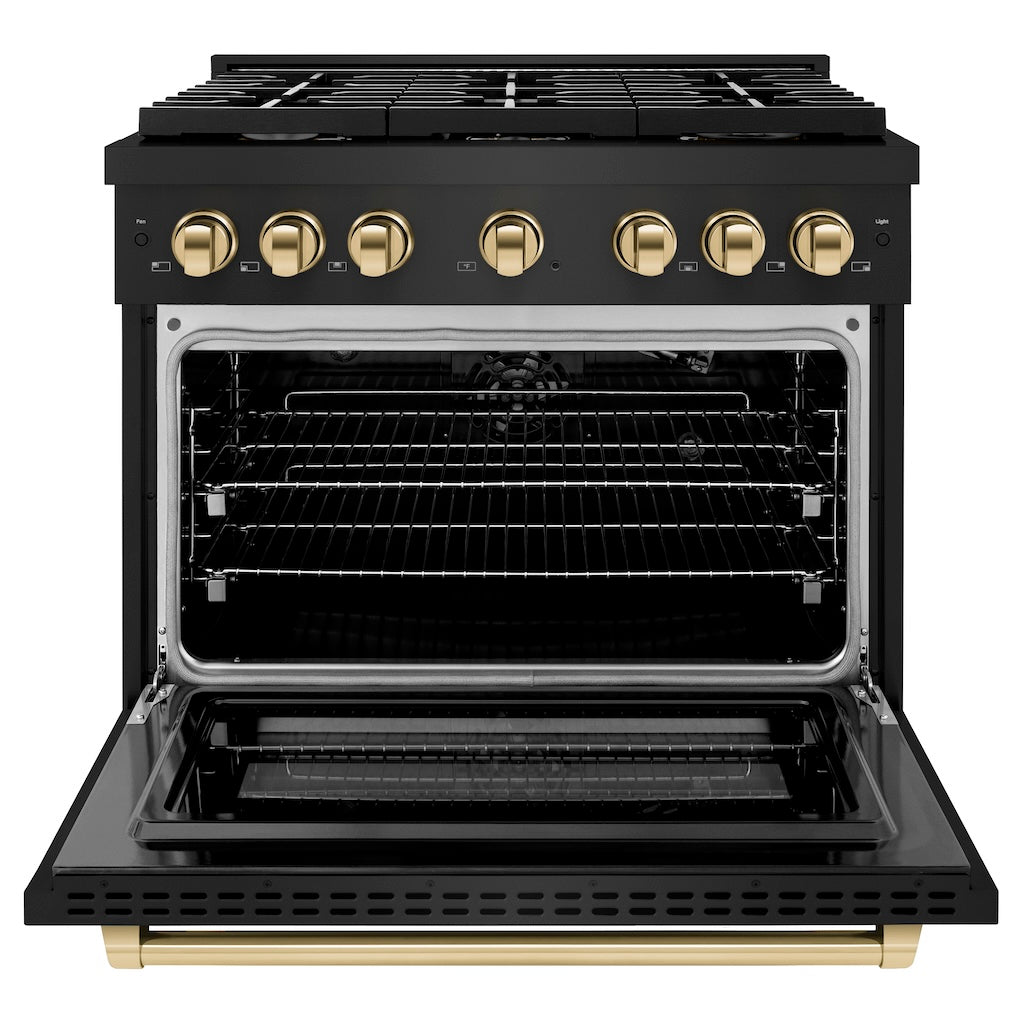 ZLINE Autograph Edition 36 in. 5.2 cu. ft. 6 Burner Gas Range with Convection Gas Oven in Black Stainless Steel and Polished Gold Accents (SGRBZ-36-G) front, with oven open.